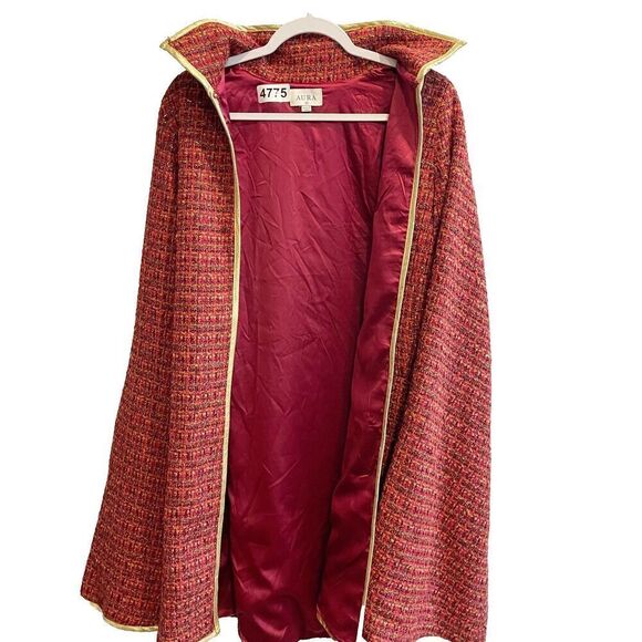 AURA Jackets & Blazers - Aura Womens Red Cape Blazer Jacket Size XS Tweed Open Front Lined Gold Trim Tie